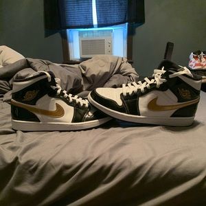 Jordan 1 Mid patent black white and gold